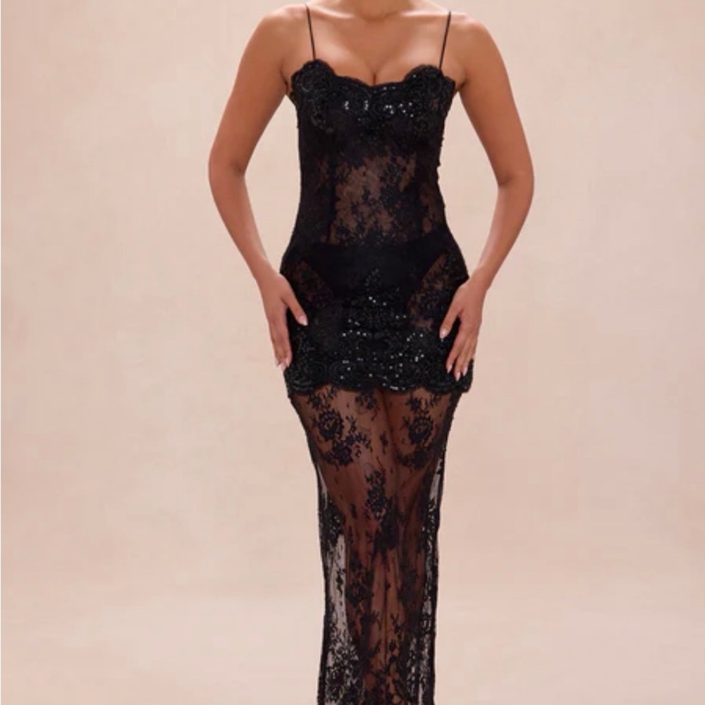 Fashion Nova Black Sheer Lace Maxi Dress with Sequin Details
